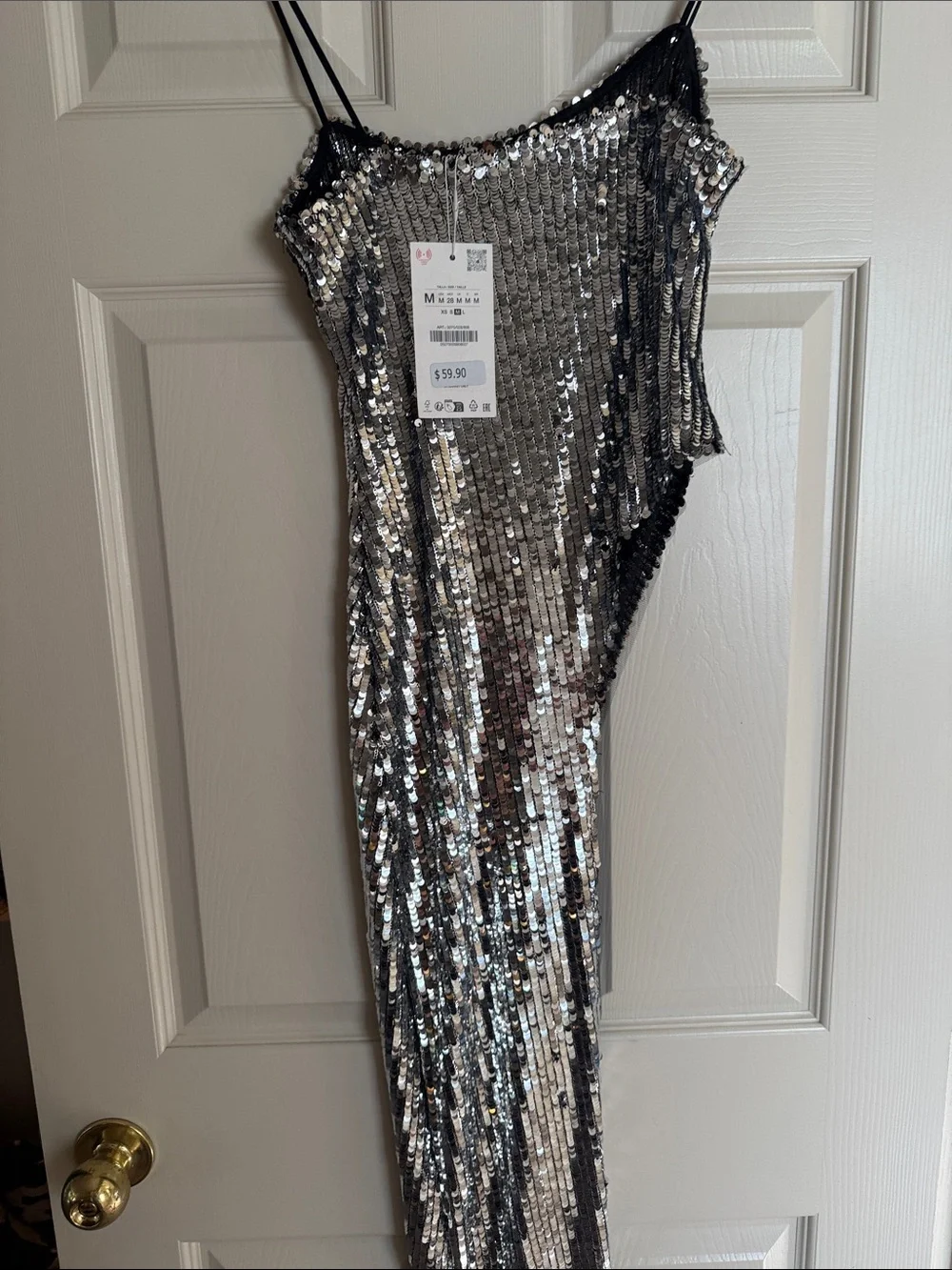 Silver Sequin Asymmetric Slip Top with Spaghetti Straps - Picture 4 of 6